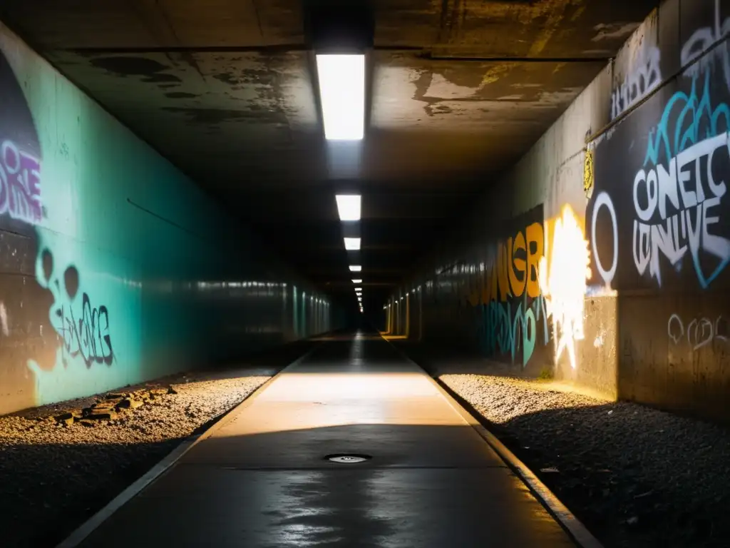 Túneles en películas de crimen: Un túnel oscuro y misterioso con graffiti y una única bombilla colgante que proyecta sombras inquietantes