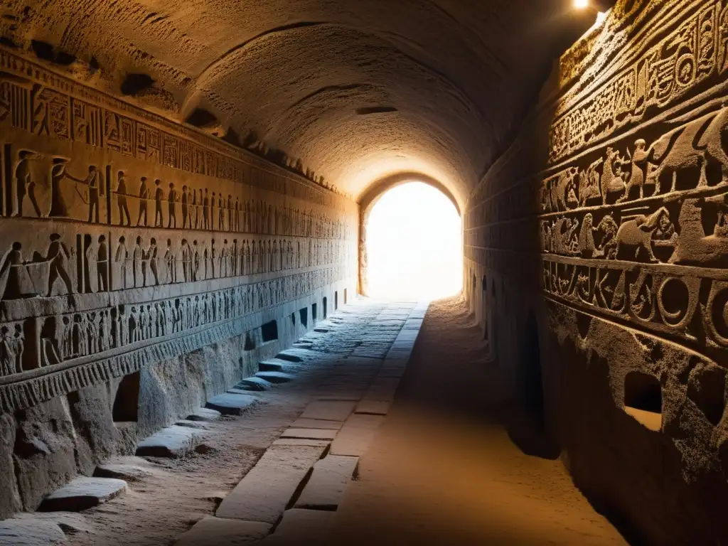 Túneles perdidos del Imperio Akkadio: Antiguo túnel de piedra con grabados, luz tenue y misterio ancestral