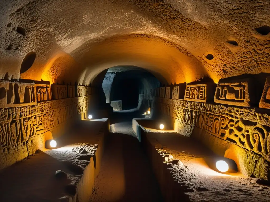 Explora los túneles precolombinos de la Cueva de los Tayos en Ecuador, con intrincadas tallas de piedra y misteriosa iluminación de antorchas