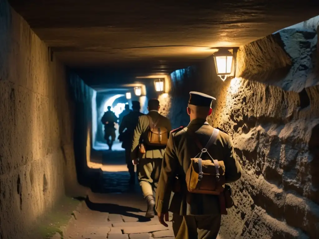 En los túneles del Káiser durante la Primera Guerra, soldados cansados se adentran en la oscuridad bajo la luz de linternas titilantes