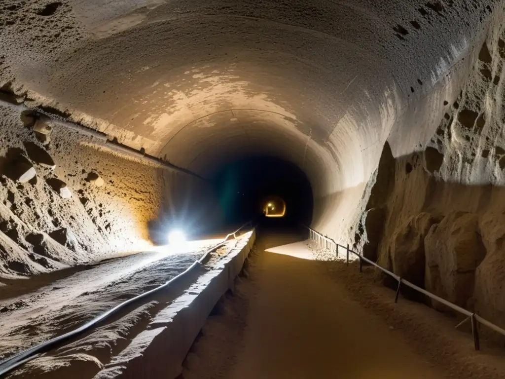 Túneles de la Resistencia Segunda Guerra: Un oscuro túnel subterráneo iluminado por tenues bombillas, evocando la historia y la intriga