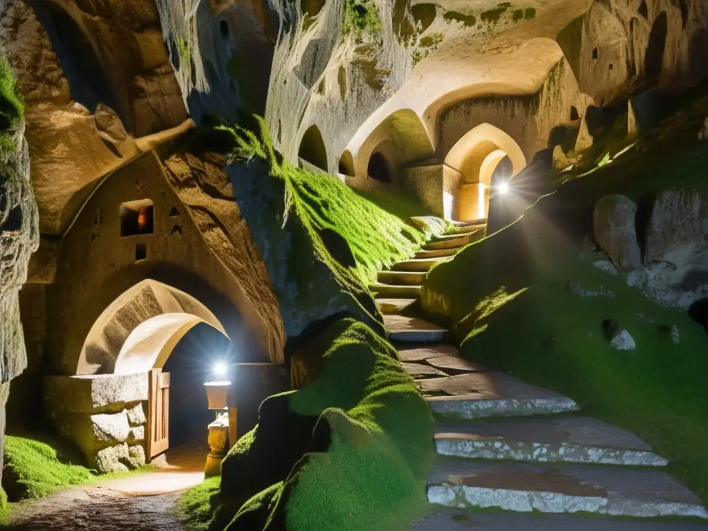 Túneles secretos del Castillo Predjama, con antiguos símbolos tallados en la piedra, iluminados por antorchas y envueltos en misterio y leyendas