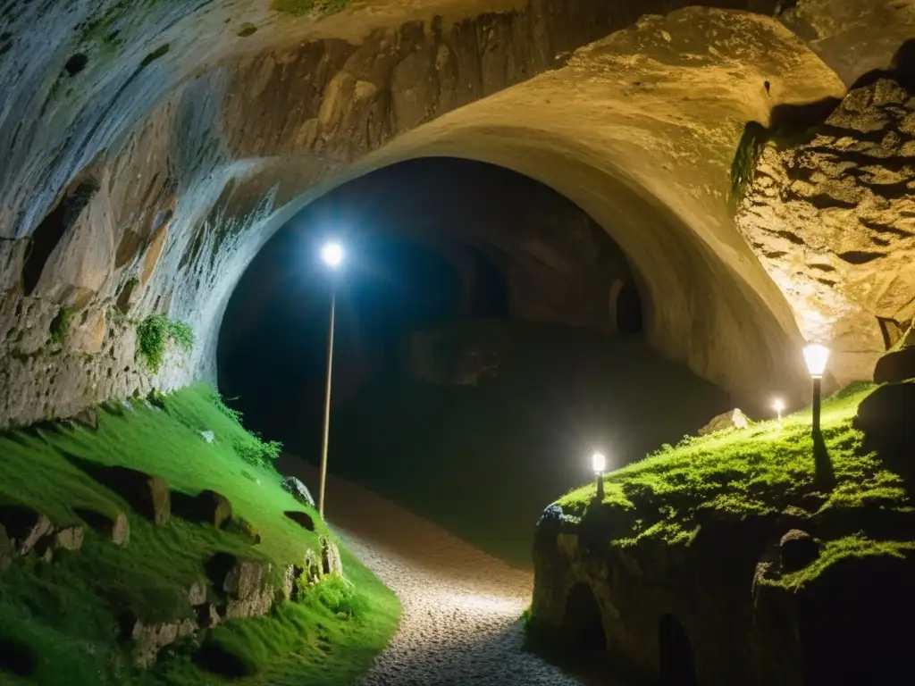 Túneles secretos del Castillo Predjama: Pasadizos oscuros, húmedos y misteriosos bajo tierra, iluminados por antorchas titilantes