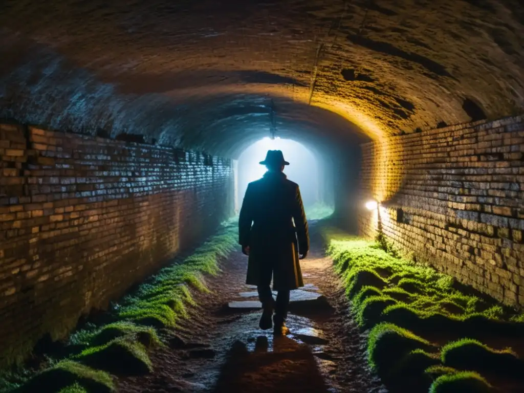 Explora túneles secretos en películas mientras una figura solitaria navega por un pasaje subterráneo, iluminando el camino con una linterna