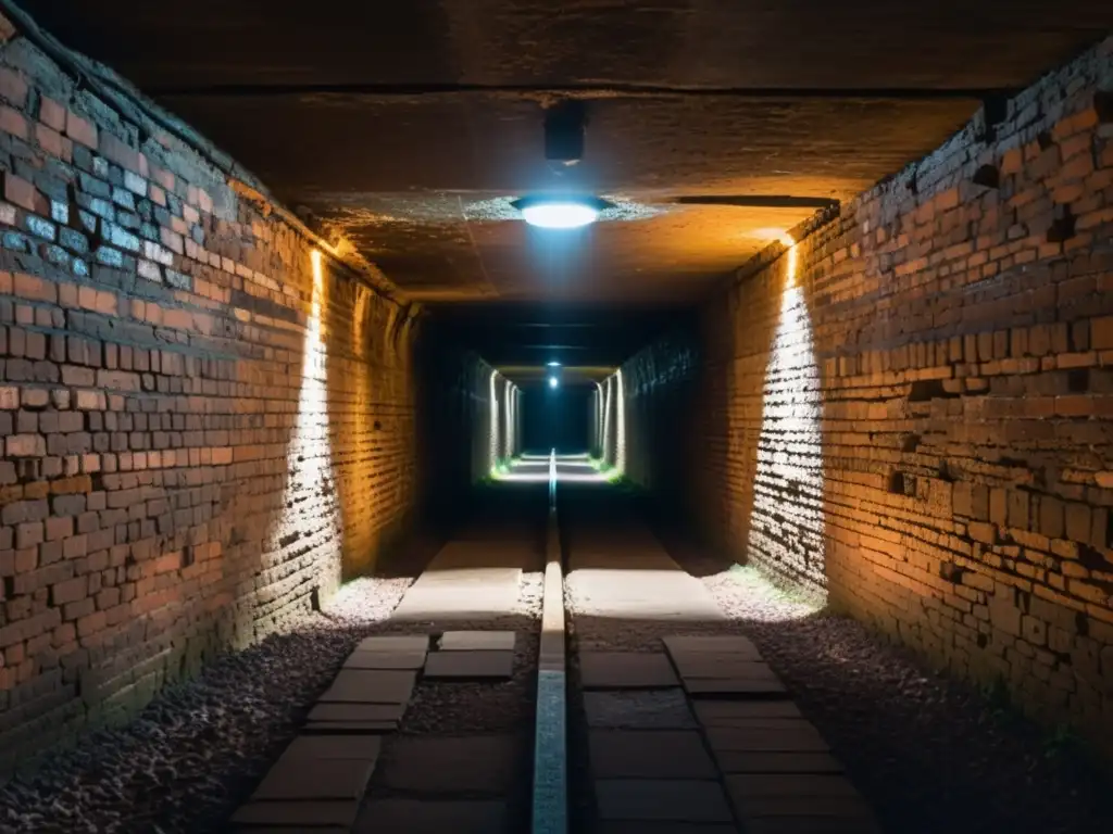 Enigmáticos símbolos en un túnel subterráneo Explorando túneles en series de misterio, una luz revela antiguos símbolos en las paredes de ladrillo