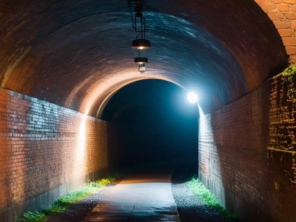 Enigmático túnel subterráneo: misterio y suspenso Túneles en series de misterio: Un pasadizo subterráneo oscuro y misterioso, con arcos de ladrillo y una luz titilante, evocando suspenso y misterio