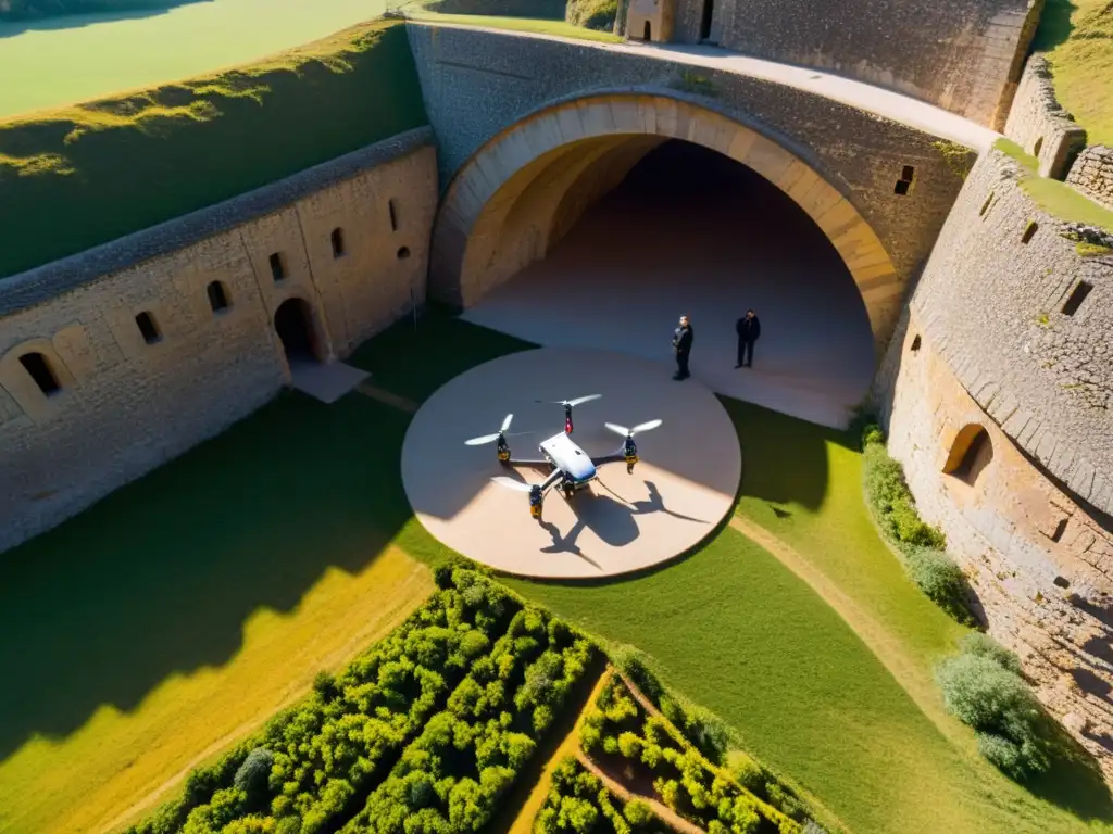 Exploración histórica de túneles subterráneos por equipo de arqueólogos usando drones para investigar