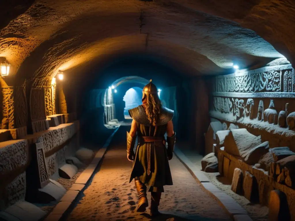 Explorando túneles subterráneos de York, un guerrero vikingo en una cámara llena de tesoros antiguos, iluminada por antorchas