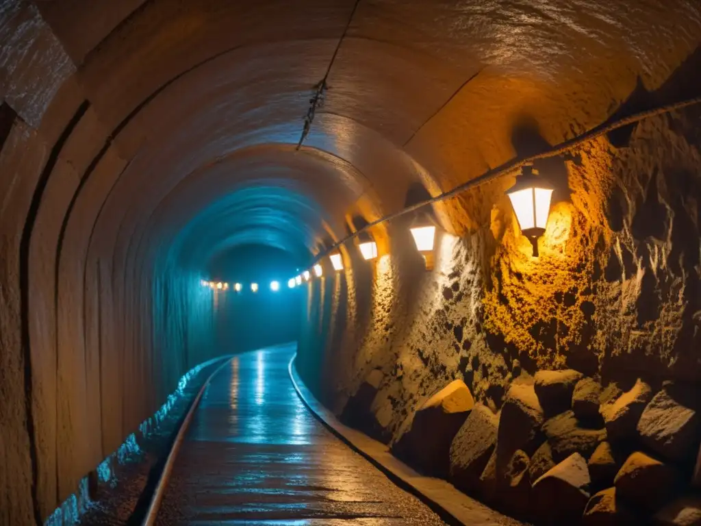 Explorando túneles subterráneos iluminados por linternas, con atmósfera misteriosa y cartografía en las paredes