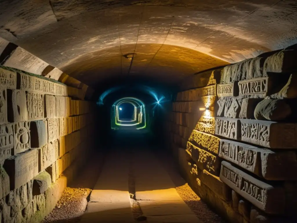 Túneles Templarios misterios subterráneos: antiguo túnel iluminado por luz, revelando cámaras llenas de reliquias y símbolos en paredes de piedra