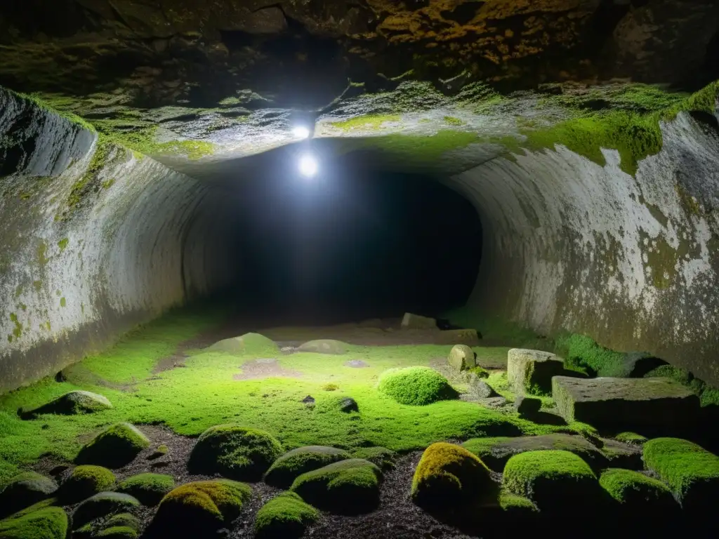 Túneles templarios de Tomar: misteriosas marcas antiguas en un túnel subterráneo iluminado por un rayo de luz