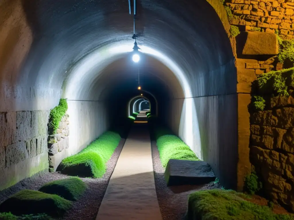 Explorando túneles urbanos con permisos para investigar, un laberinto misterioso y lleno de historia, iluminado por tenues luces en la oscuridad