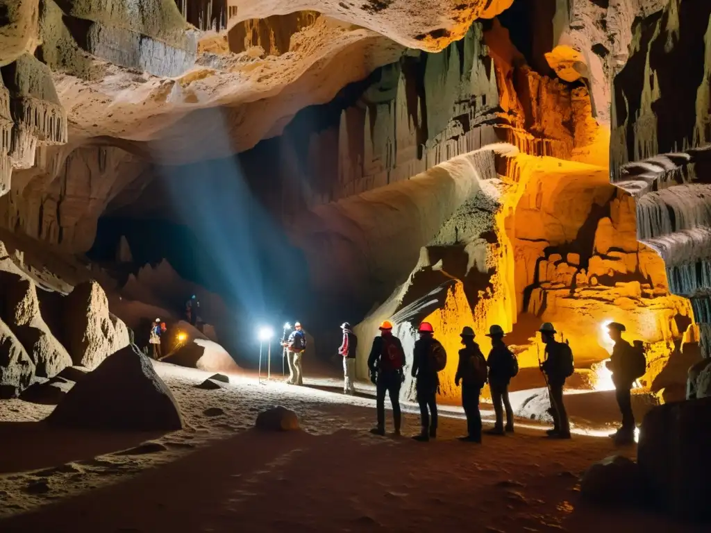 Turistas explorando cueva con técnicas de iluminación turismo subterráneo