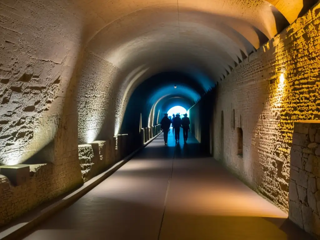 Turistas exploran túnel subterráneo, iluminado dramáticamente, con guía