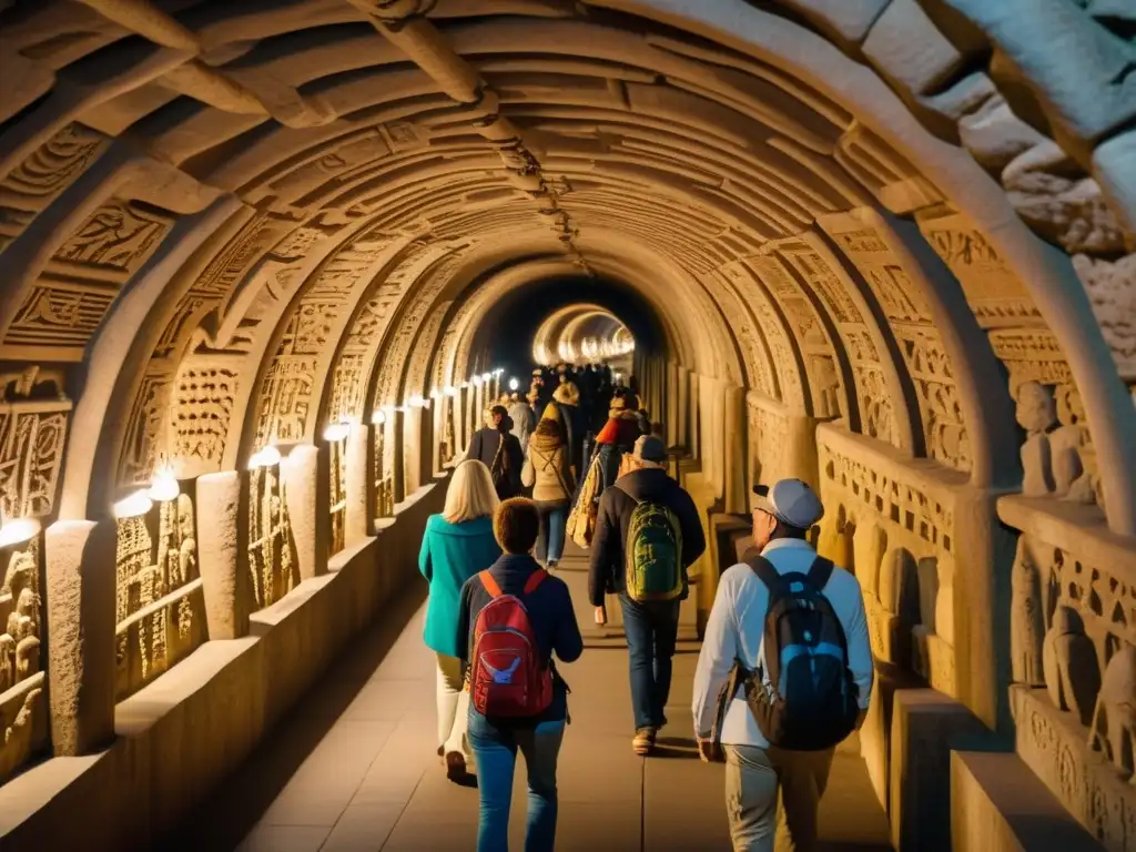 Turistas explorando túnel subterráneo, lleno de historia y misterio