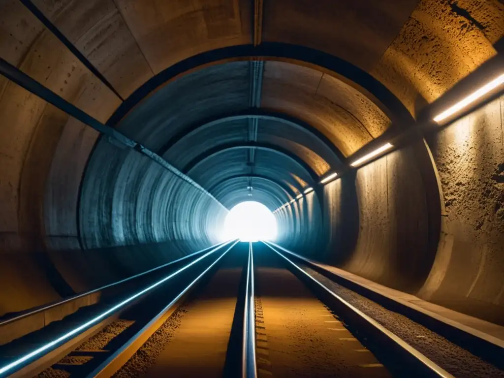 Exploración urbana de maravillas subterráneas: un túnel urbano subterráneo con luz filtrada, sombras dramáticas y arquitectura detallada