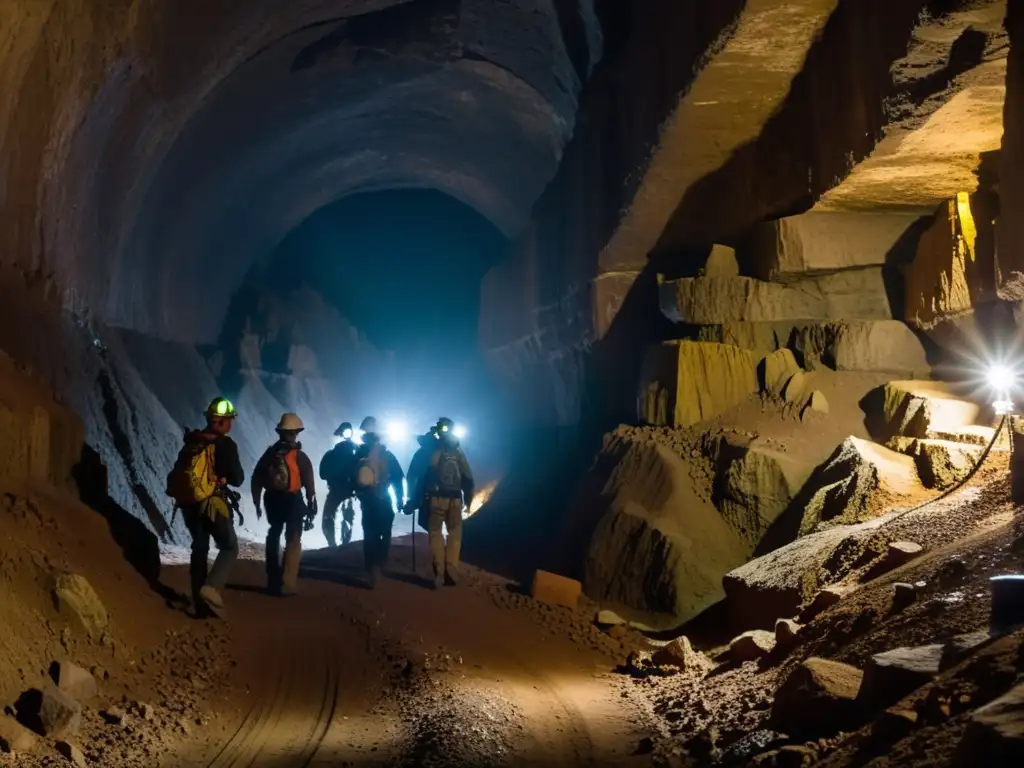 Exploración valiente de mineros Potosí en los túneles históricos, iluminando la vastedad subterránea con determinación