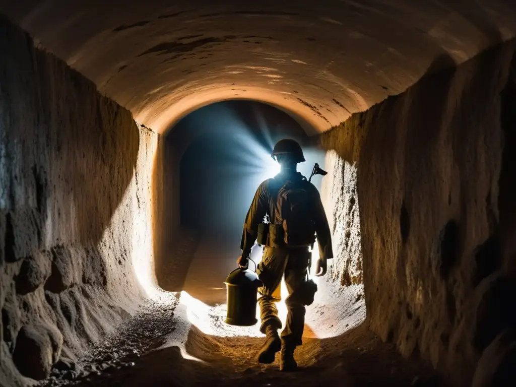 Un valiente soldado se adentra en un túnel oscuro, su determinación a flor de piel