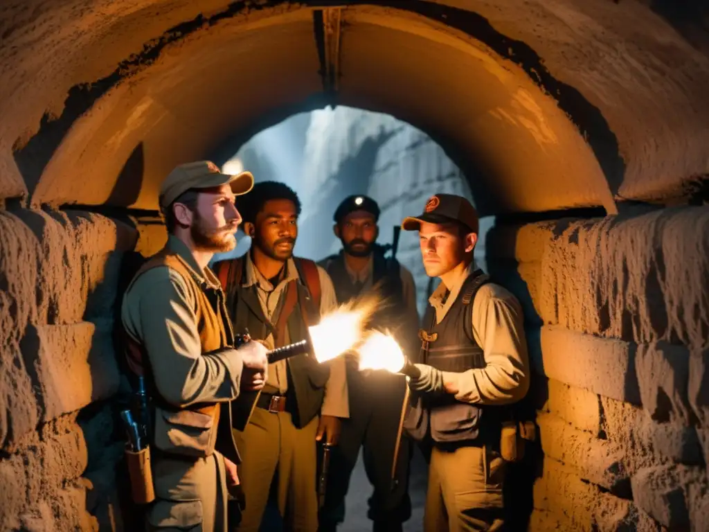 Valientes combatientes se reúnen en un túnel subterráneo de Varsovia, iluminados por antorchas, planificando en la clandestinidad