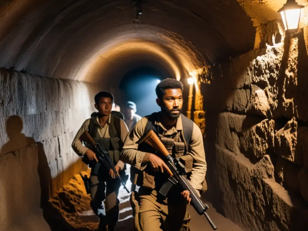 Valientes luchadores avanzan en un túnel subterráneo, iluminados por una tenue luz de linterna