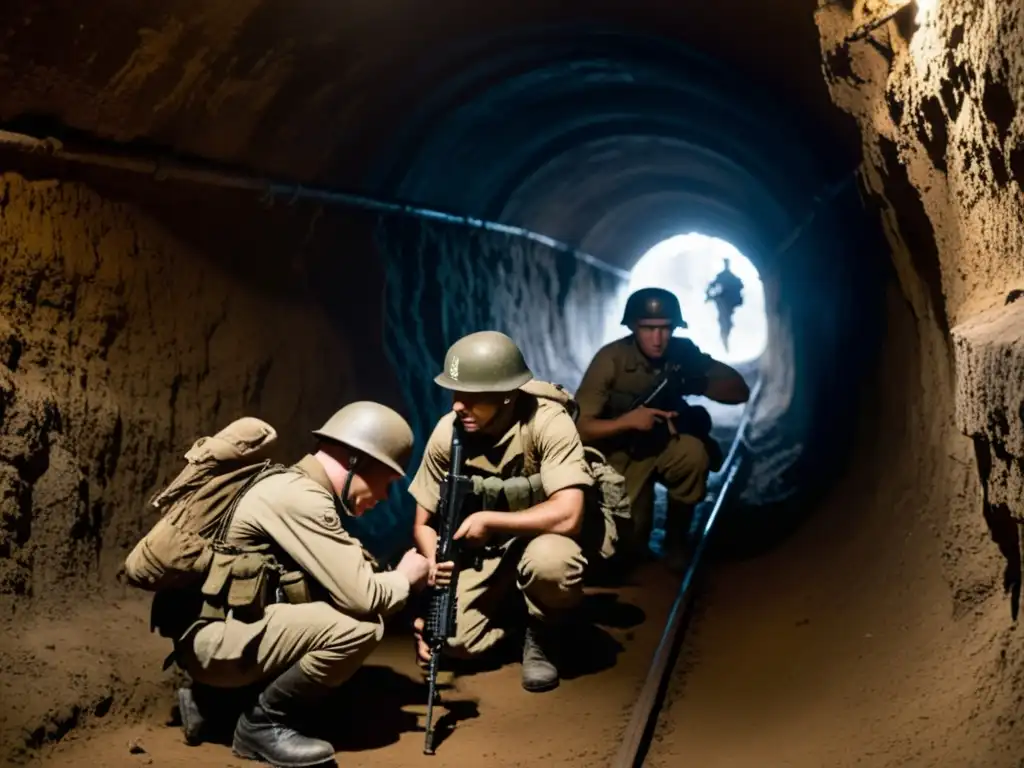 Valientes soldados luchan en túneles de combate de la Primera Guerra Mundial, mostrando determinación en un escenario claustrofóbico y sombrío