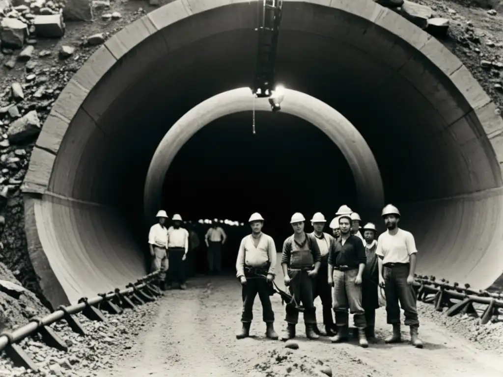 Valientes trabajadores en la entrada de un túnel histórico, listos para el desafío de construcción