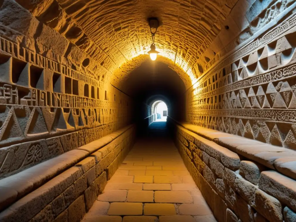 Viaje a través de los misteriosos túneles subterráneos de Jerusalén, iluminados por cálida luz, revelando antiguas marcas en las paredes de piedra