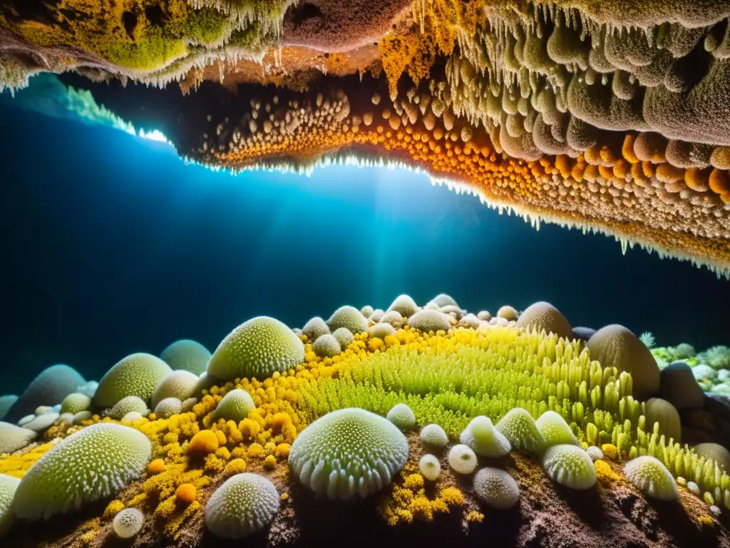 Vibrante ecosistema microbiano en una cueva, resaltando la necesidad de bioconservación vida microbiana ambientes subterráneos