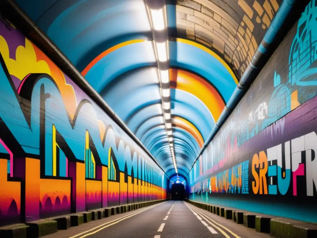 Explora la vibrante galería virtual grafiti túneles subterráneos en Londres, con arte urbano detallado y colores llamativos