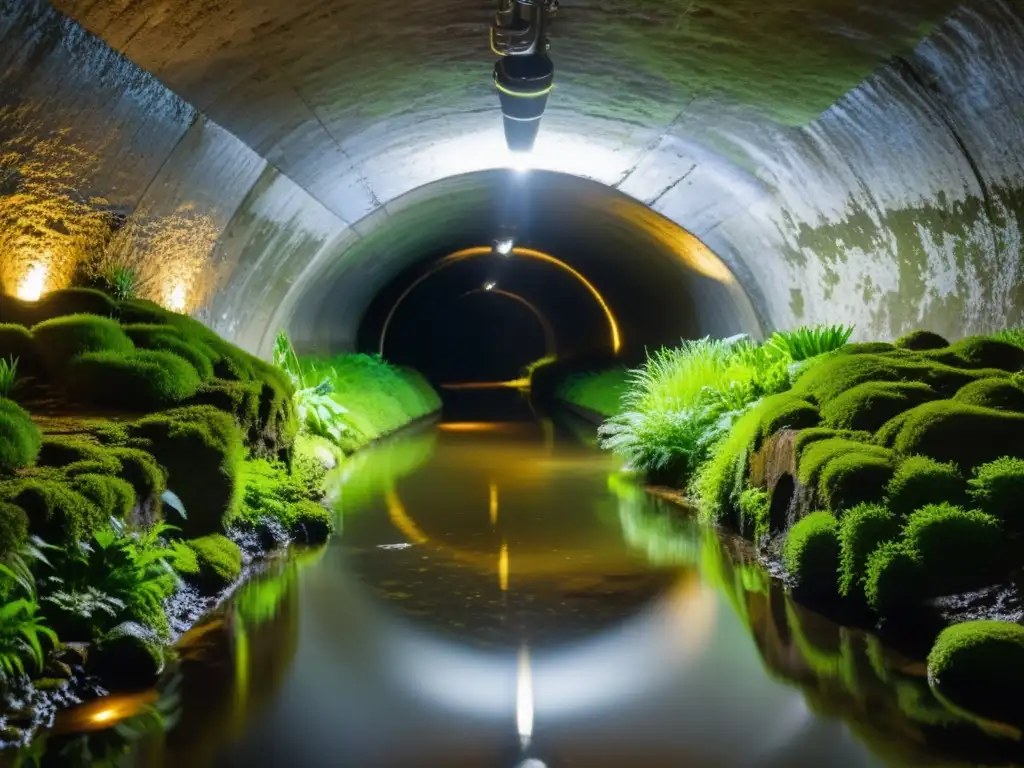 Vida secreta de anfibios en túneles: Imagen de un mundo subterráneo misterioso, con musgo, agua y anfibios iluminados por luz natural