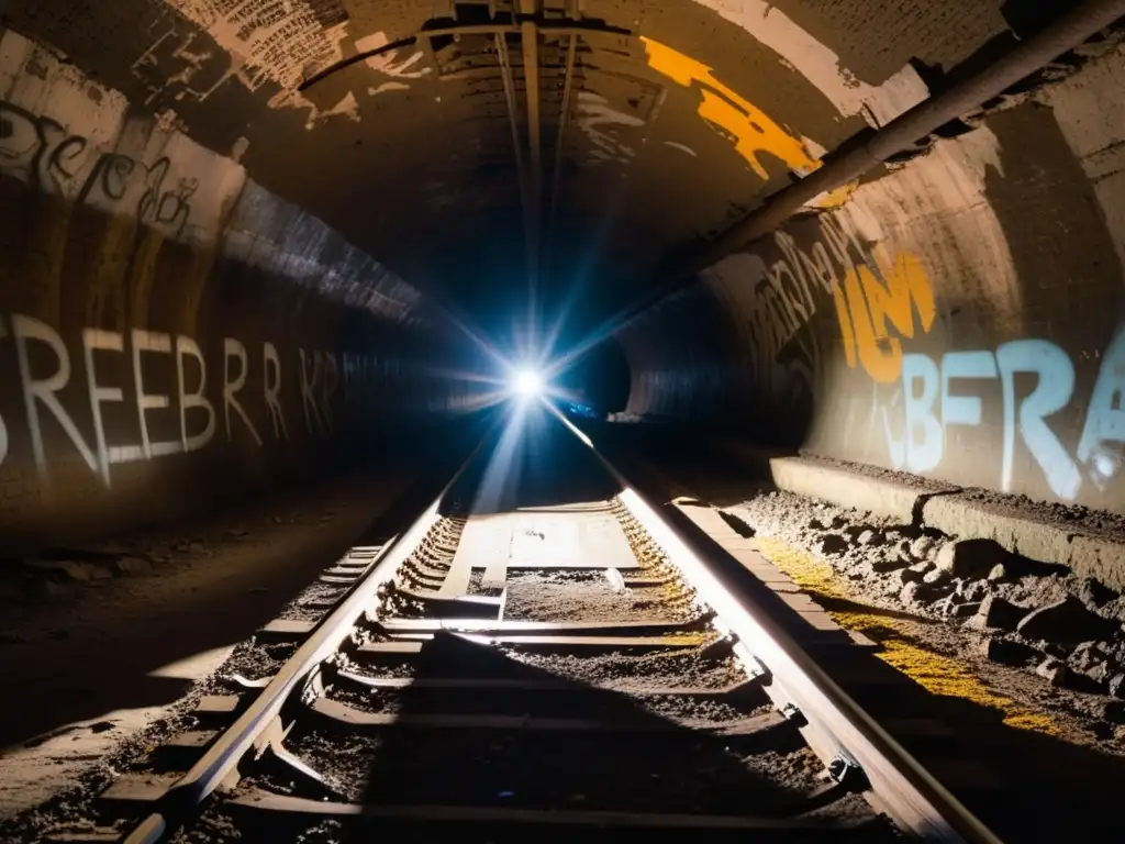 Viejos túneles ferrocarril subterráneo América, con grafitis y rieles, iluminados por un rayo de luz en la oscuridad histórica