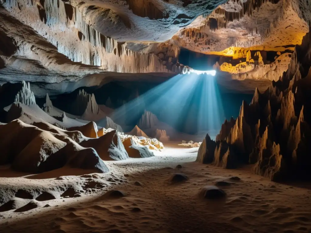 Exploración virtual de cuevas y túneles: Una caverna subterránea iluminada débilmente con estalactitas y estalagmitas creando un paisaje de otro mundo