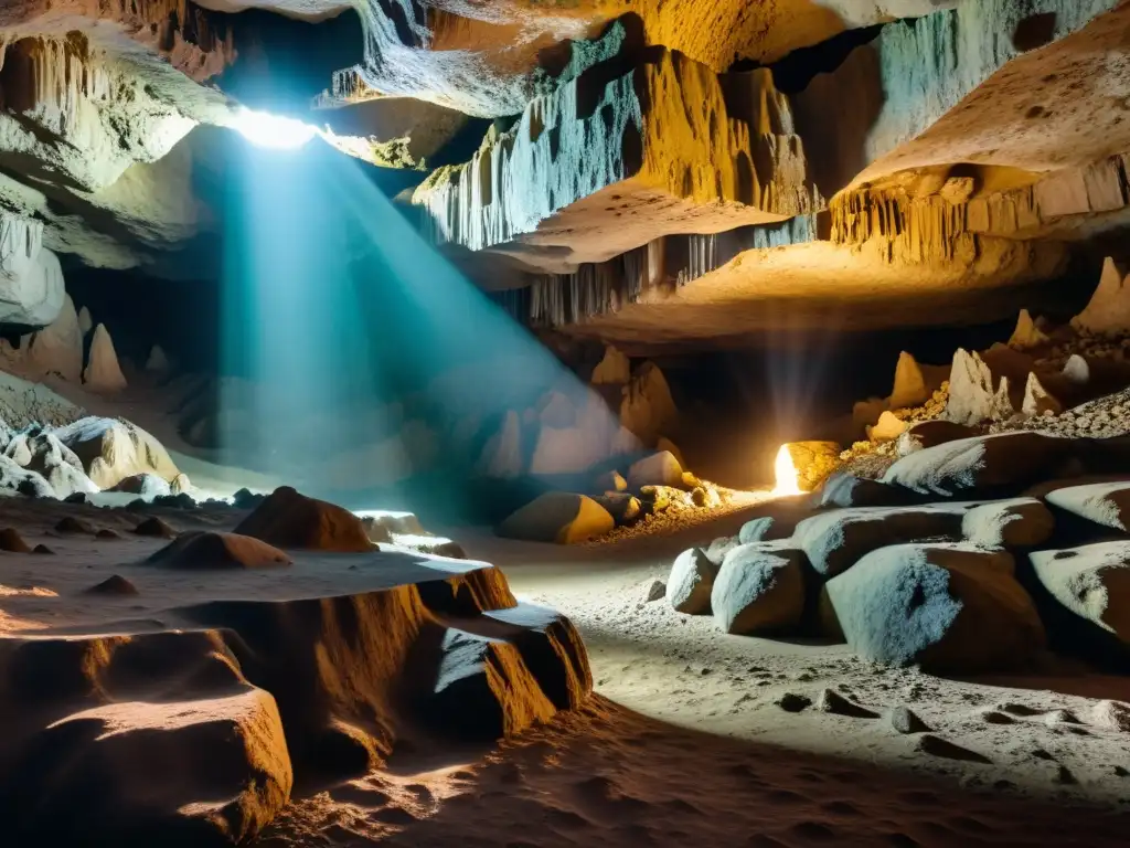 Exploración virtual de cuevas y túneles: Impresionante vista en primera persona de un estrecho túnel subterráneo iluminado por una luz etérea, con estalactitas y estalagmitas detalladas