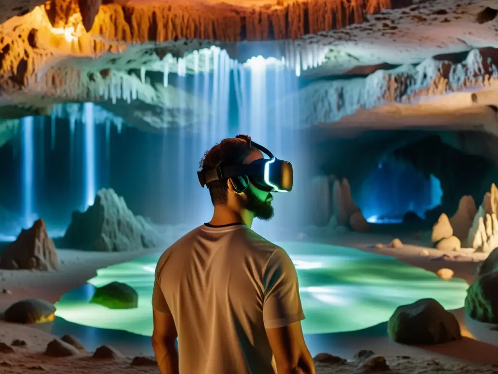 Exploración virtual de cuevas y túneles: Persona sorprendida usando gafas de realidad virtual en un entorno de cueva holográfica detallada