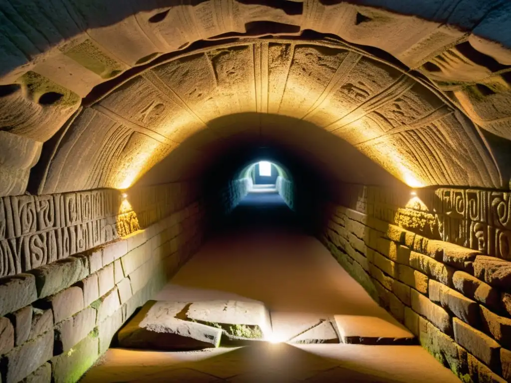 Exploración virtual túneles Edad Piedra: Detalles y carvings en la luz cálida de Maeshowe