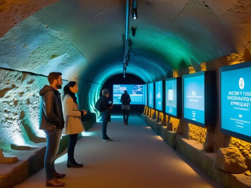 Visitantes disfrutan de tecnología en rutas turísticas subterráneas con pantallas interactivas en túnel de piedra iluminado