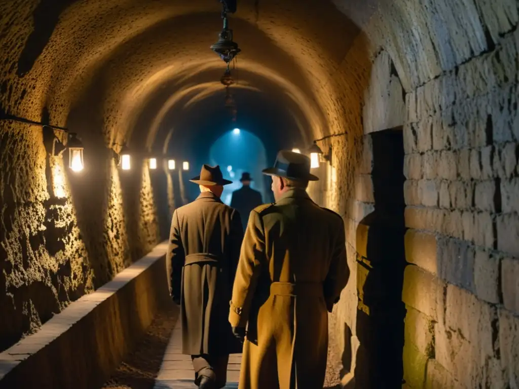 Visitantes en túnel histórico de la Segunda Guerra, iluminados por antorchas, absorbiendo atmósfera solemne