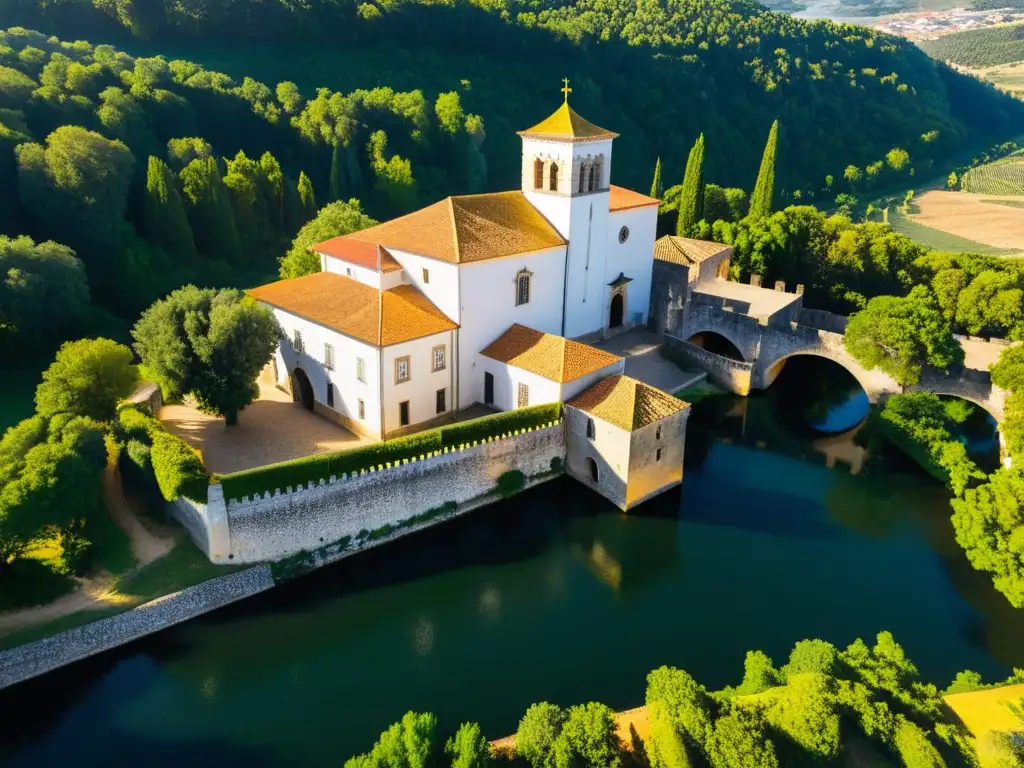 Vista aérea de la antigua ciudad de Tomar, Portugal, con el Convento de Cristo y su entorno verde