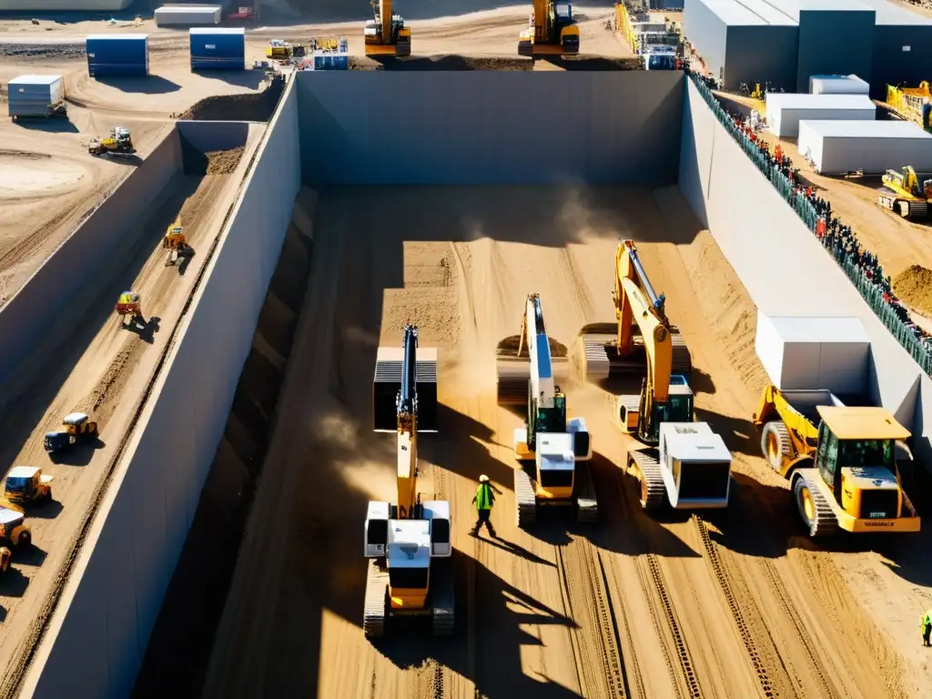 Vista aérea de la construcción de un túnel, mostrando la complejidad de la maquinaria y trabajadores