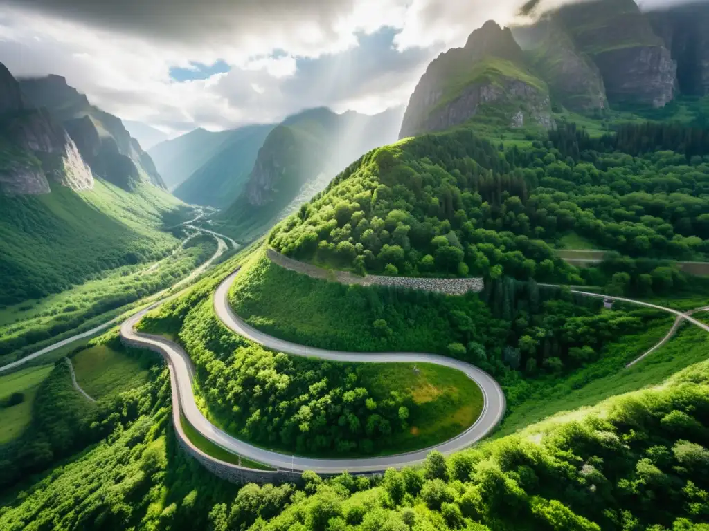 Vista aérea de túnel histórico en montañas, rodeado de exuberante vegetación y carreteras