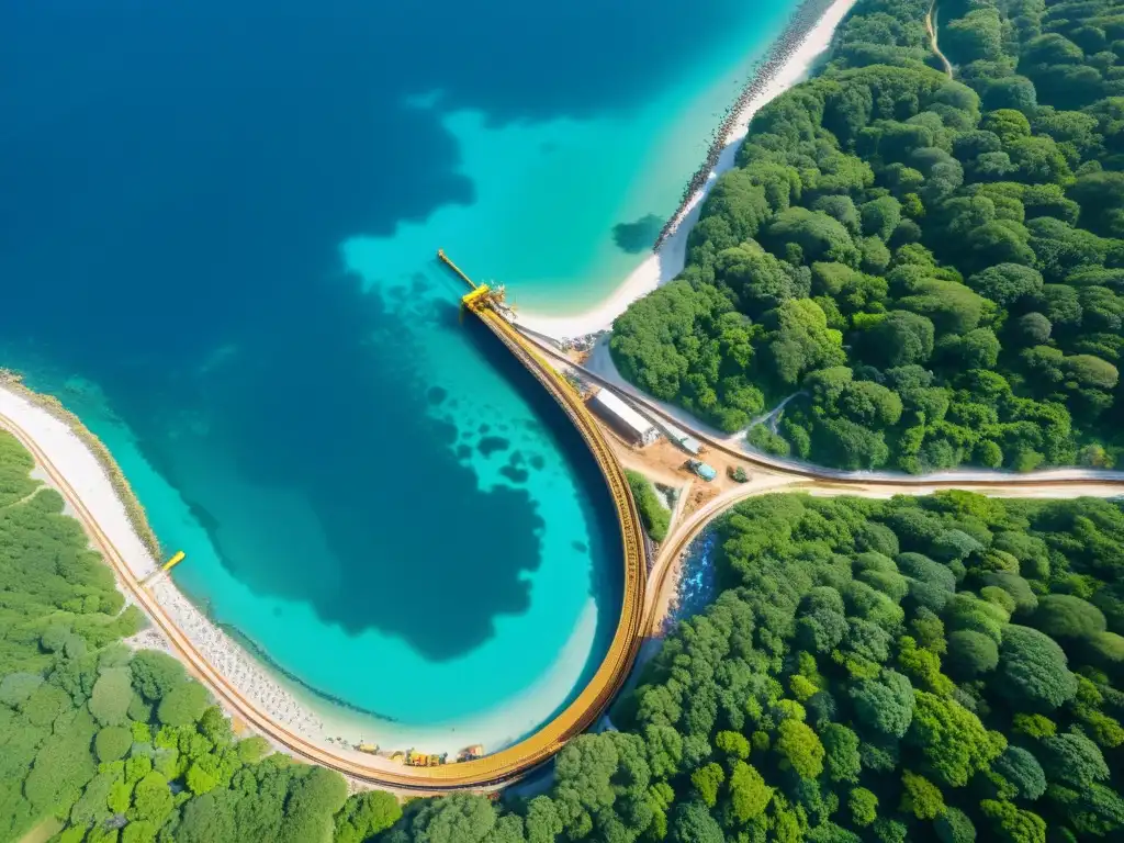 Vista aérea impactante de construcción de túneles, maquinaria y ecosistema acuático vibrante en equilibrio