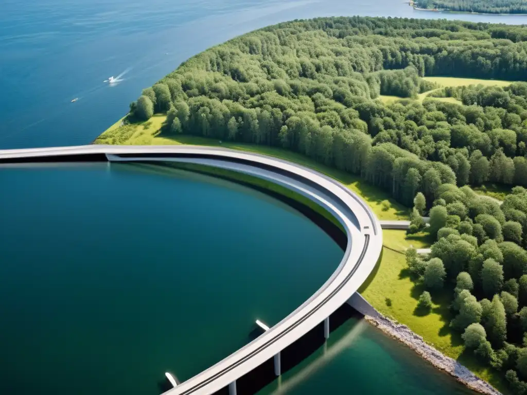 Vista aérea del impresionante túnel subterráneo HelsinkiTallin, integrado en el paisaje natural entre bosques verdes y el mar Báltico