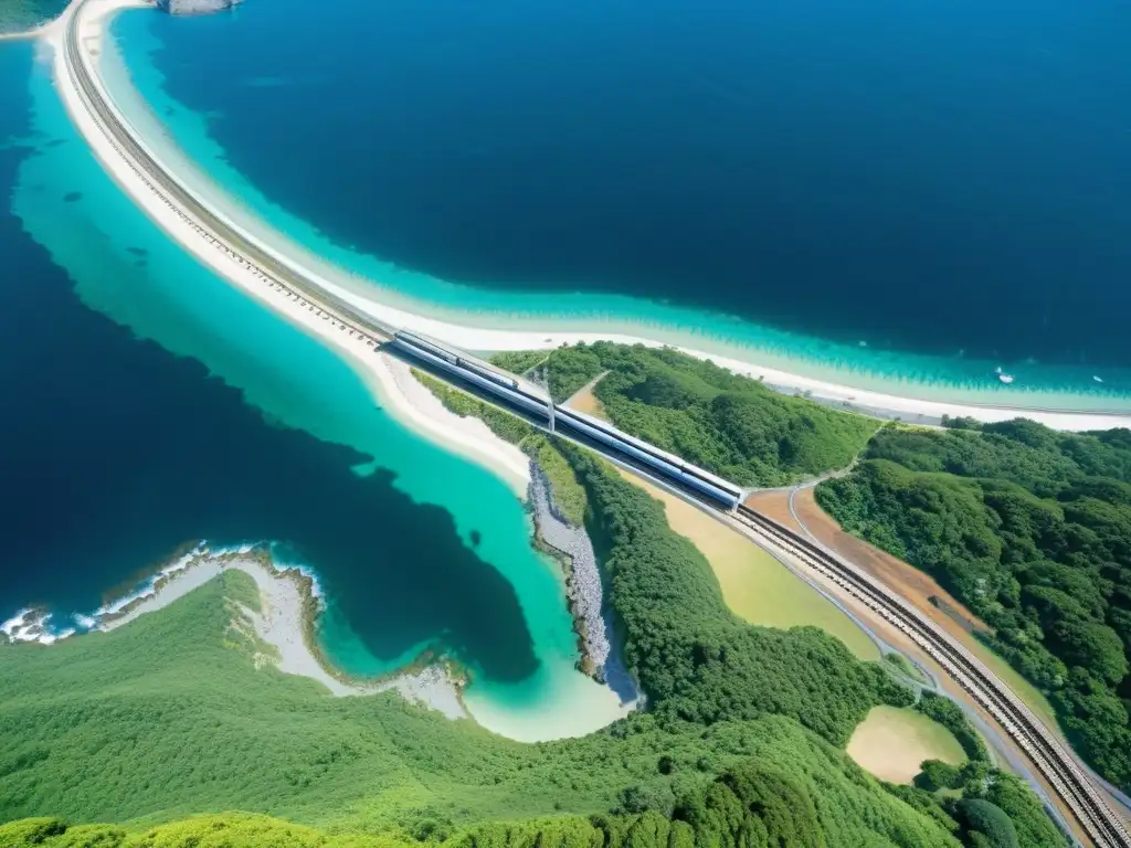 Vista aérea del Túnel Seikan Japón lecho marino, con trenes entrando y saliendo, conectando las islas bajo el mar