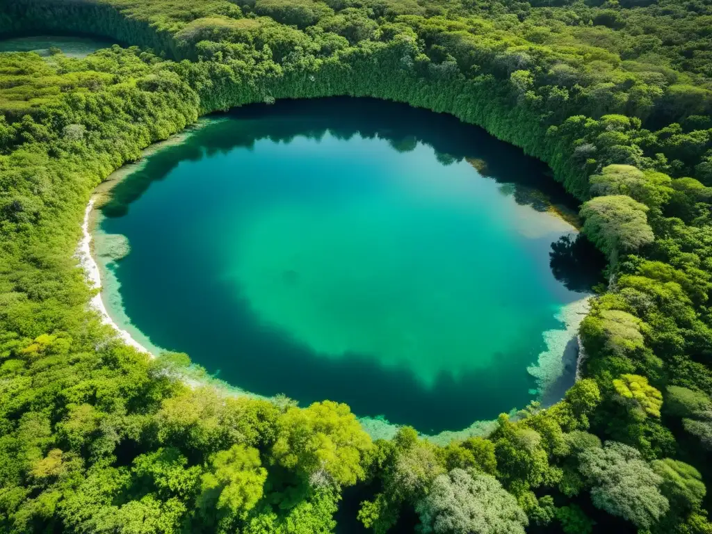 Vista aérea de la península de Yucatán con la red de cenotes sagrados mayas y exuberante selva