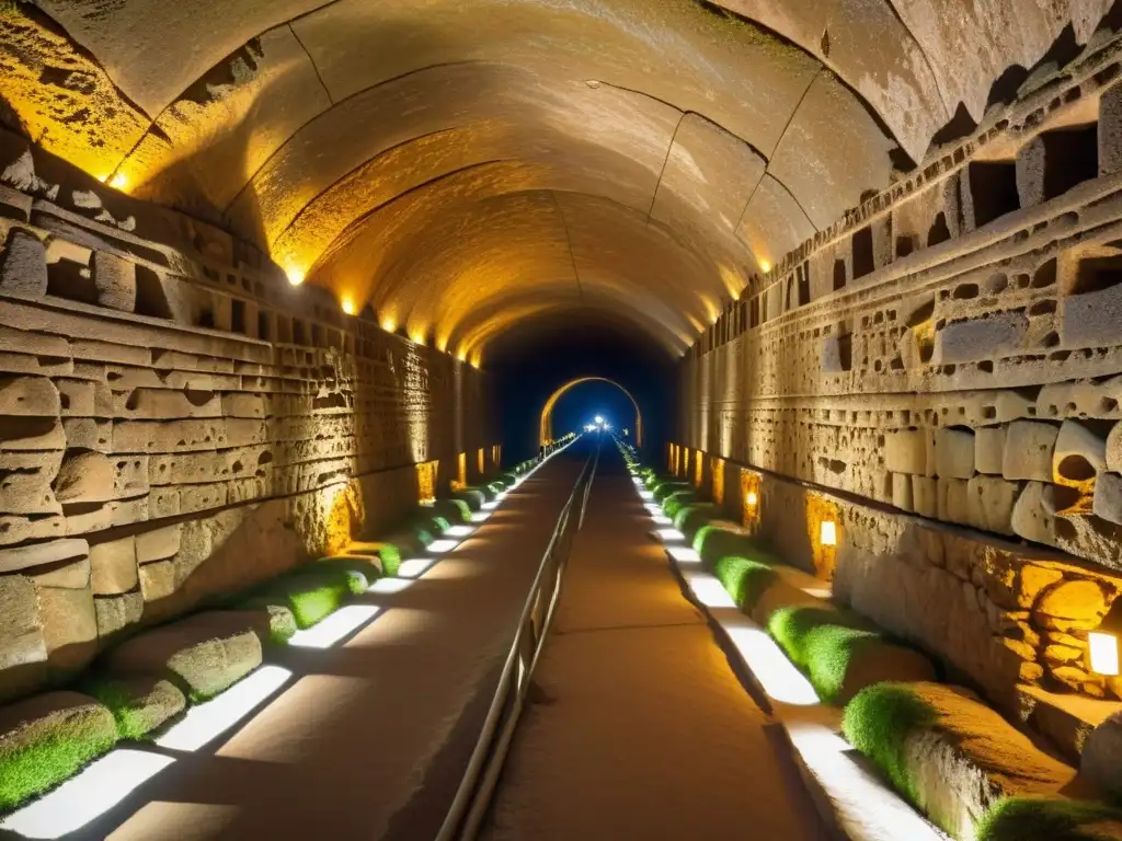 Vista aérea del Sistema de Caminos Subterráneos del Imperio Inca iluminados, revelando su complejidad y belleza ancestral