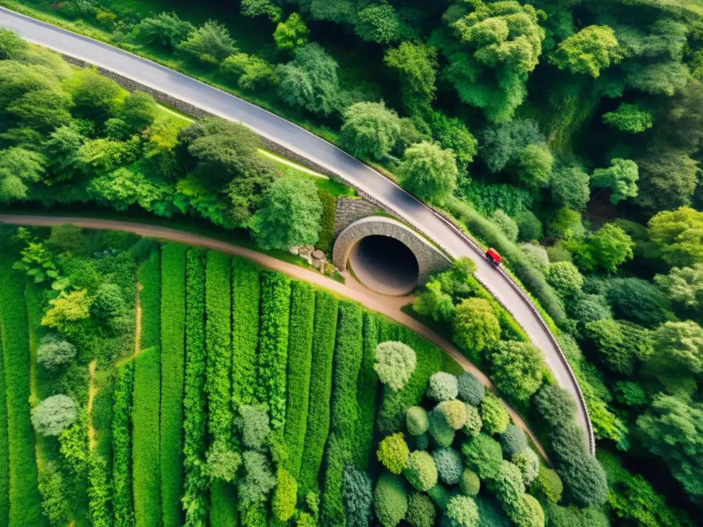 Vista aérea de túneles históricos huella carbono cero en montañas verdes, trabajadores usan métodos ecológicos para construir un pasadizo sostenible