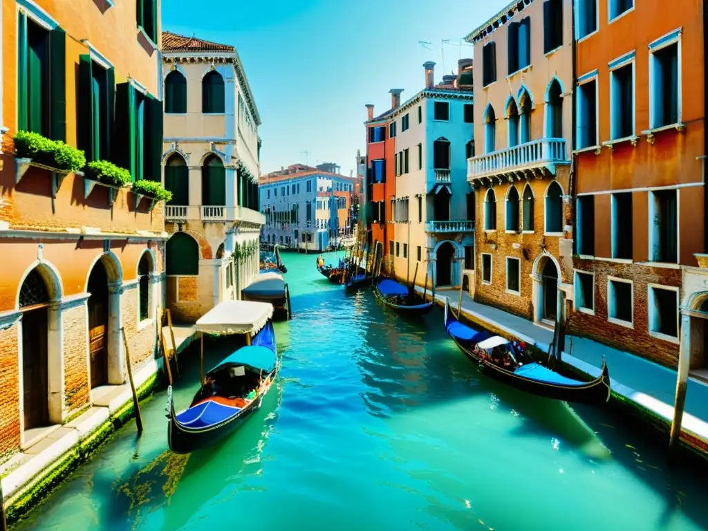 Vista cercana de los canales secretos de Venecia, resplandeciendo en la luz del sol