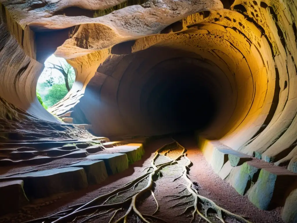 Una vista cercana de un túnel subterráneo con formaciones rocosas y raíces entrelazadas, iluminado por luz dorada