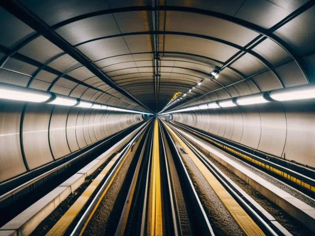 Vista detallada de moderna red de túneles subterráneos, con infraestructura de alta tecnología y actividad laboral