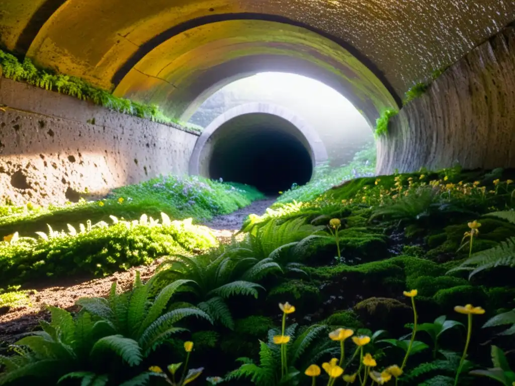 Vista detallada de un túnel histórico con exuberante vida vegetal y hongos